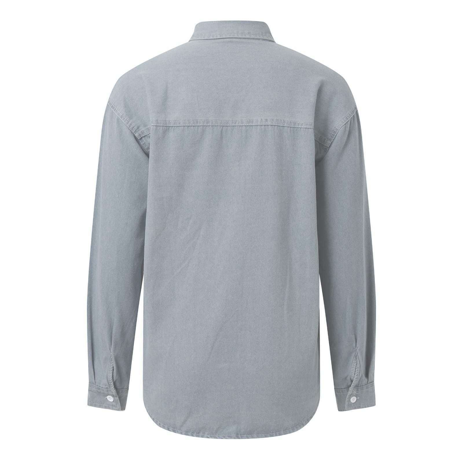 thumbnail image 4 of Blusa vaquera con botones para mujer: manga larga, cuello en V, estilo boyfriend, corte holgado informal, 4 of 5